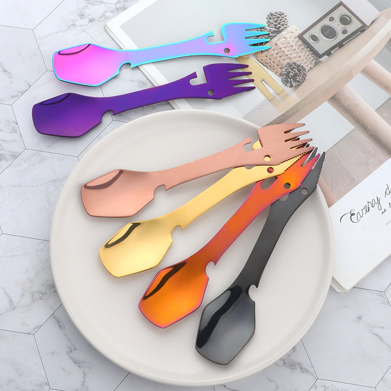 Outdoor multifunctional spoon Bottle opener, fork and knife, Outdoor tableware for camping trip, Field survival tools
