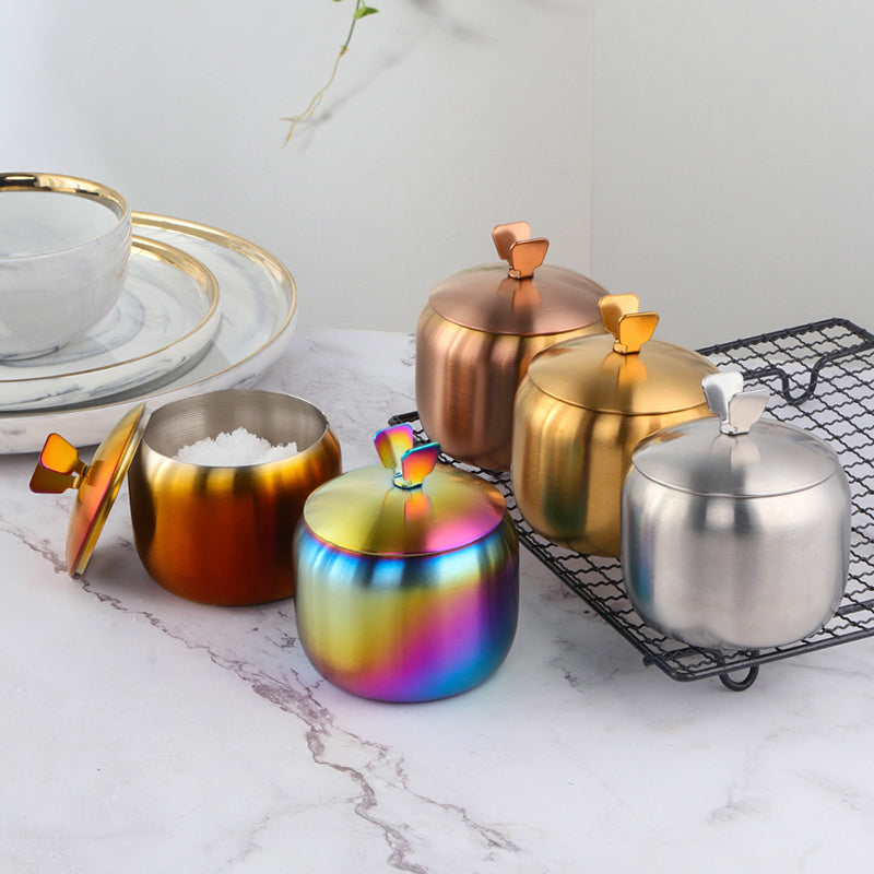 Buyer Star Stainless Steel Gold Condiment jar Salt Sugar Container with Lid and Spoon