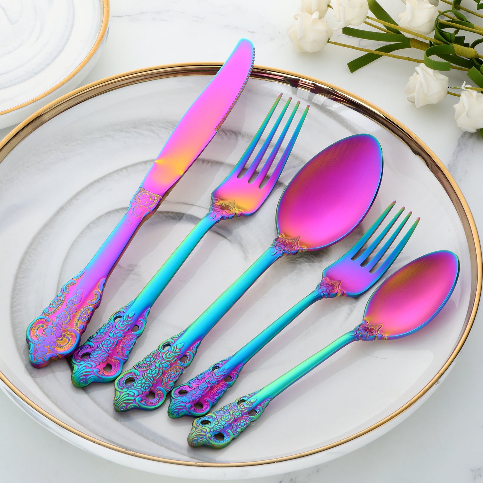 Buyer Star Hot sales Top Seller Dinnerware Sets Noble Classical Palace Stainless Steel Relief Cutlery Sets