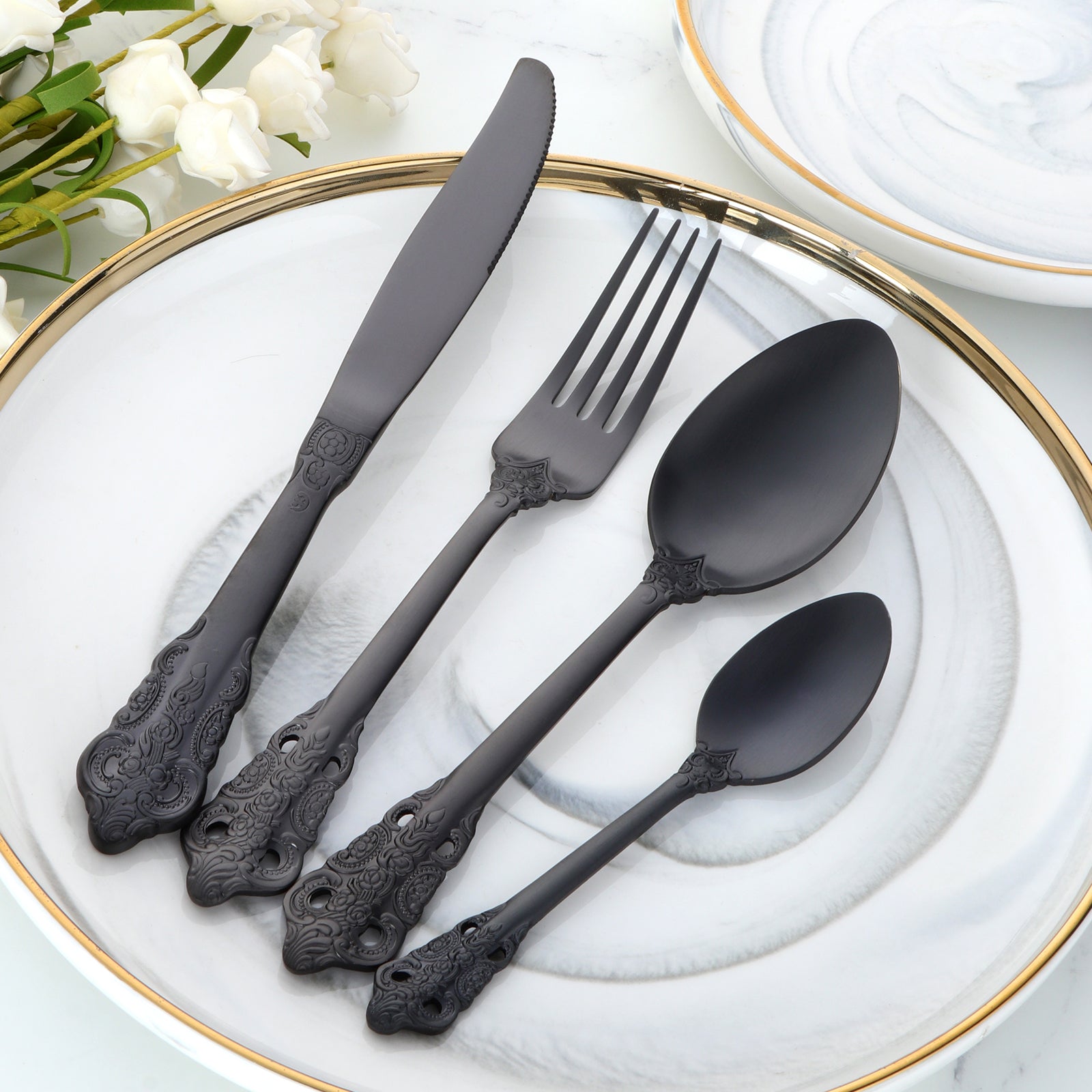 Eco Friendly Royal Vintage Flatware Gold Plated Silverware Stainless Steel Luxury Cutlery Set