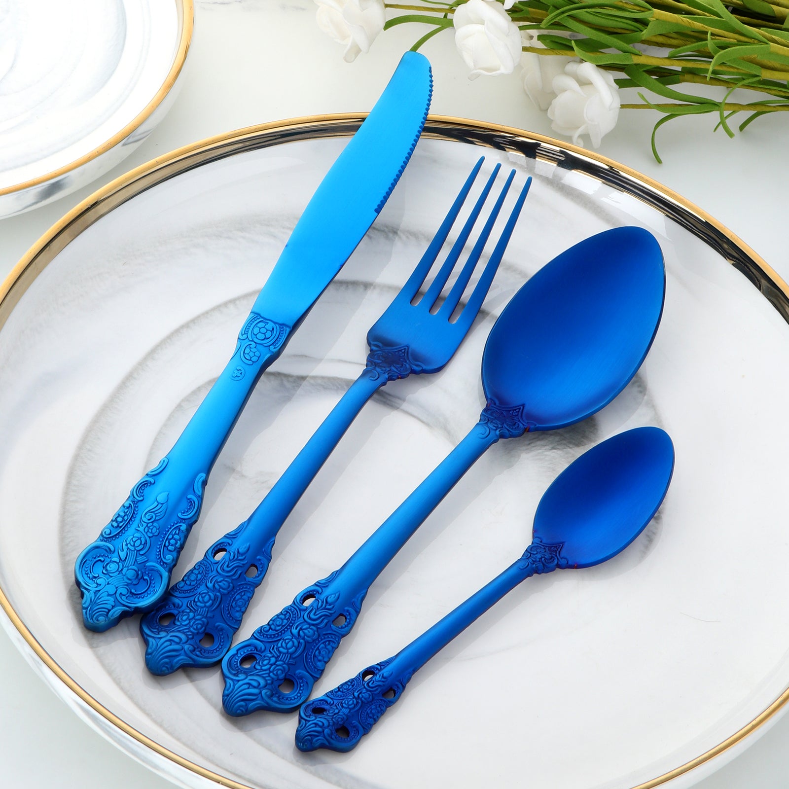 Eco Friendly Royal Vintage Flatware Gold Plated Silverware Stainless Steel Luxury Cutlery Set