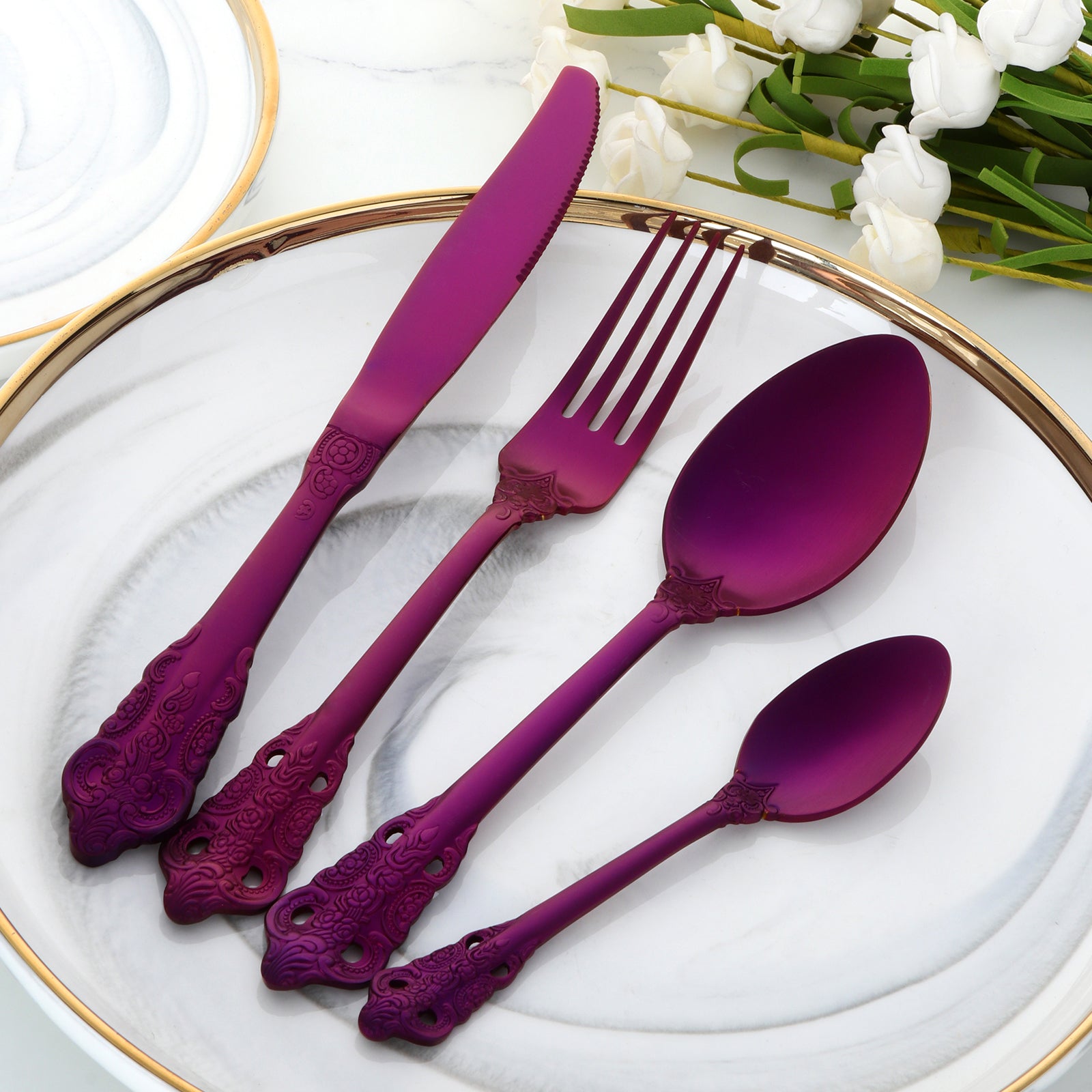 Eco Friendly Royal Vintage Flatware Gold Plated Silverware Stainless Steel Luxury Cutlery Set