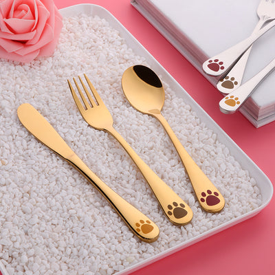 Buyer Star Cat Foot Design Children Tableware Knife Fork Spoon Silver Cutlery Sets