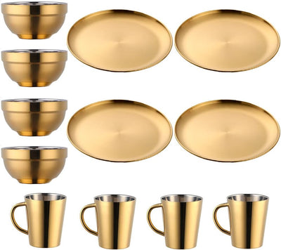 Dinnerware Sets Plates And Bowls Espresso Cups, Stainless Steel Dishes Pasta Bowls Insulated Coffee Mugs Set of 4, 12 Pcs Kitchen Essentials For Home Apartment Wedding Buyer Star, Rainbow