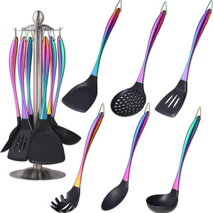 Silicone Cooking Non-stick Kitchen Cookware Handle with Utensil Holder Spatula Set Silver