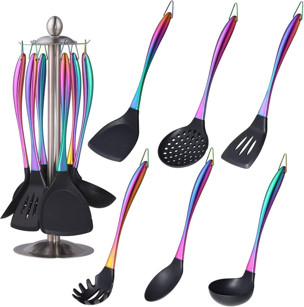 Silicone Cooking Non-stick Kitchen Cookware Handle with Utensil Holder Spatula Set Silver
