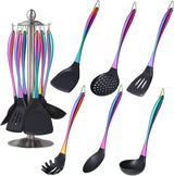 Silicone Cooking Non-stick Kitchen Cookware Handle with Utensil Holder Spatula Set Silver