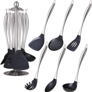 Silicone Cooking Non-stick Kitchen Cookware Handle with Utensil Holder Spatula Set Silver
