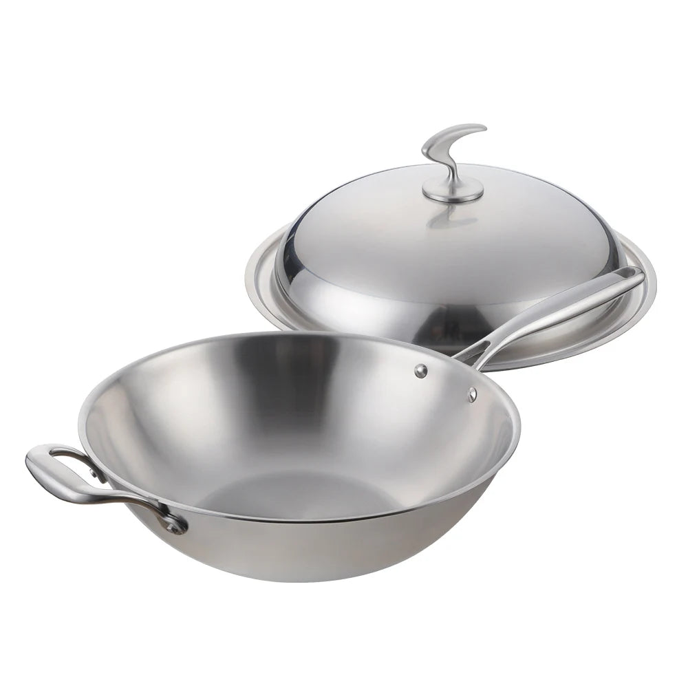 Kitchen Cookware Stir Fry Cooking Wok with Lid 3 Layer Non-stick Stainless Steel Compound Wok