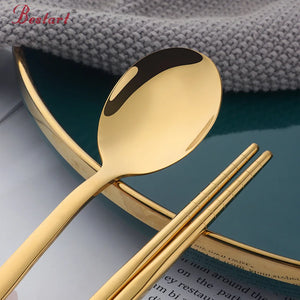 Wholesale Latest Design Cutlery Picnic Portable Camping Spoon Chopsticks Set  Modern Gold Stainless Steel Flatware Set with Box