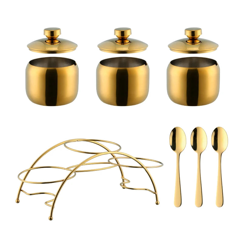 Kitchen Accessories Stainless Steel Cruet Seasonings Condiment Containers Spice Jar Bowl with Cover Spoon