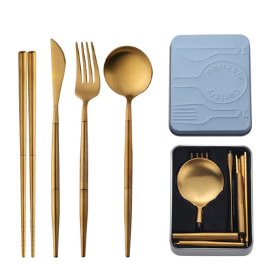 High Quality Metal Flatware Set Golden Plated Knife Spoon and Fork Travel Cutlery Set for Camping