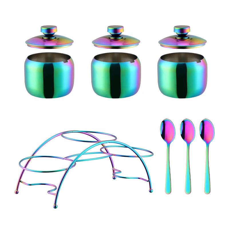 Kitchen Accessories Stainless Steel Cruet Seasonings Condiment Containers Spice Jar Bowl with Cover Spoon