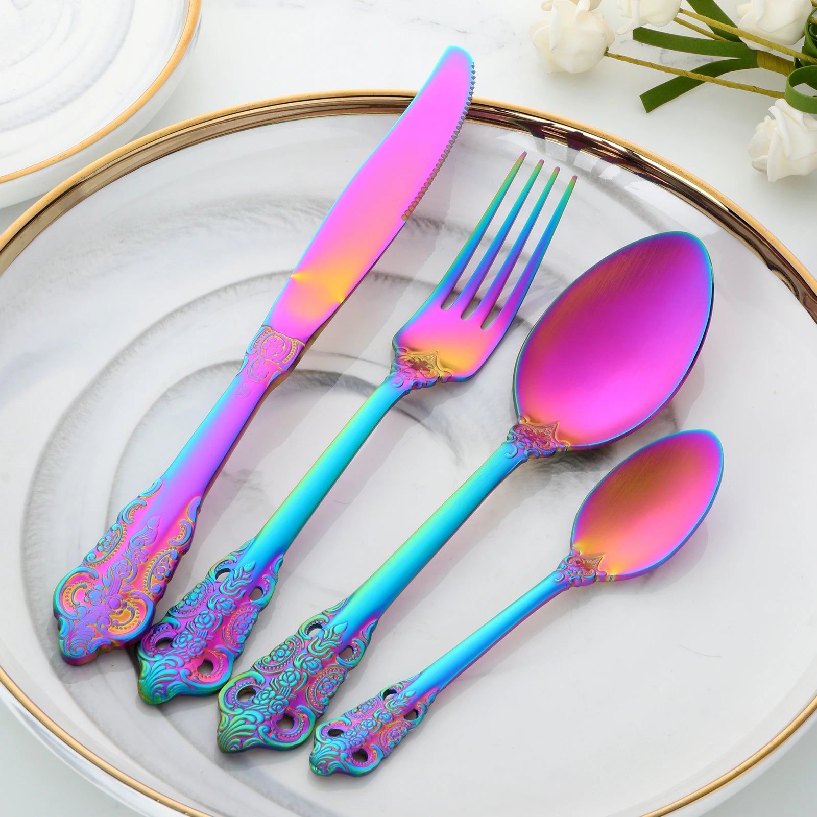 Eco Friendly Royal Vintage Flatware Gold Plated Silverware Stainless Steel Luxury Cutlery Set