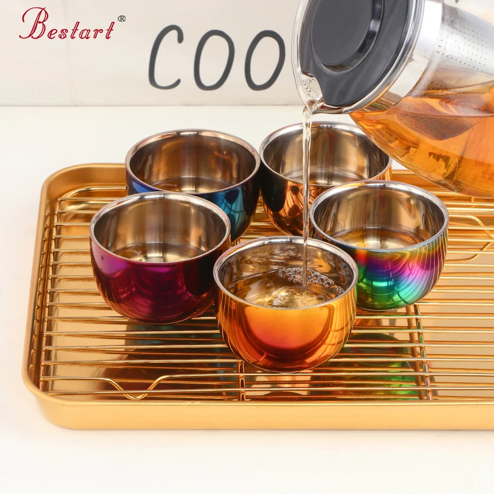 Chinese Kung Fu Luxury Stainless Steel Tea Cup Set With Tray Sieve