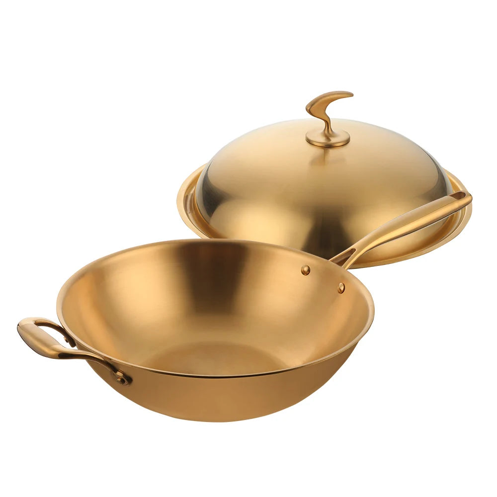 Kitchen Cookware Stir Fry Cooking Wok with Lid 3 Layer Non-stick Stainless Steel Compound Wok