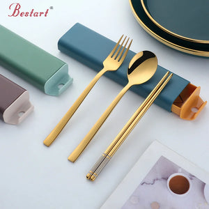 Wholesale Latest Design Cutlery Picnic Portable Camping Spoon Chopsticks Set  Modern Gold Stainless Steel Flatware Set with Box