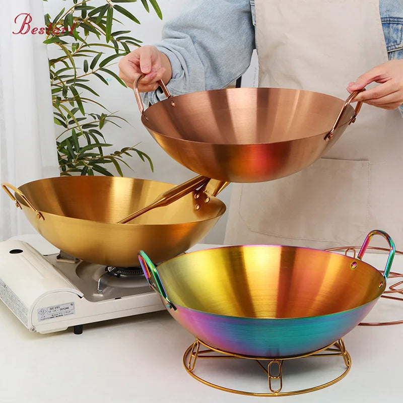 Chinese Food Grade 34cm Domestic Non-stick Double Ear One Handle Round Bottom Cooking Wok Stainless Steel Pot Holder