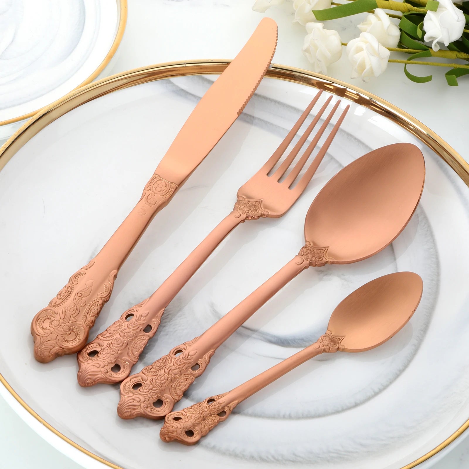 Eco Friendly Royal Vintage Flatware Gold Plated Silverware Stainless Steel Luxury Cutlery Set