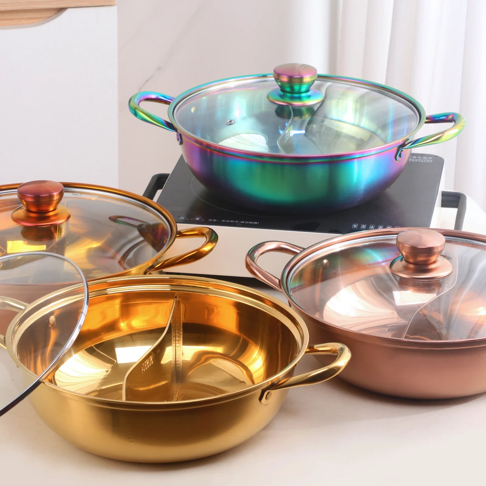 304 Food Grade Stainless Steel Shabu Shabu Hot pot with Divider&Lid for Induction Cooktop Gas Stove Dual Sided Soup Cookware