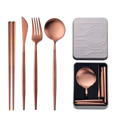 High Quality Metal Flatware Set Golden Plated Knife Spoon and Fork Travel Cutlery Set for Camping
