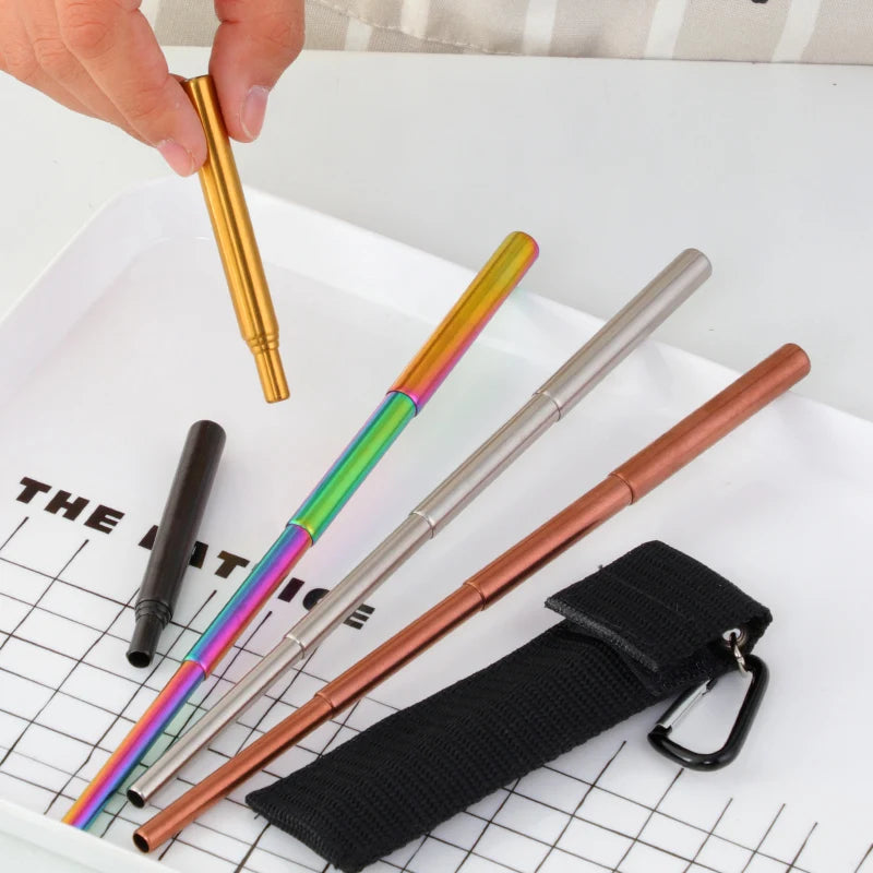 Portable Drinking Metal Gold Extendable Stainless Steel Straw with Brush and Nylon Bag