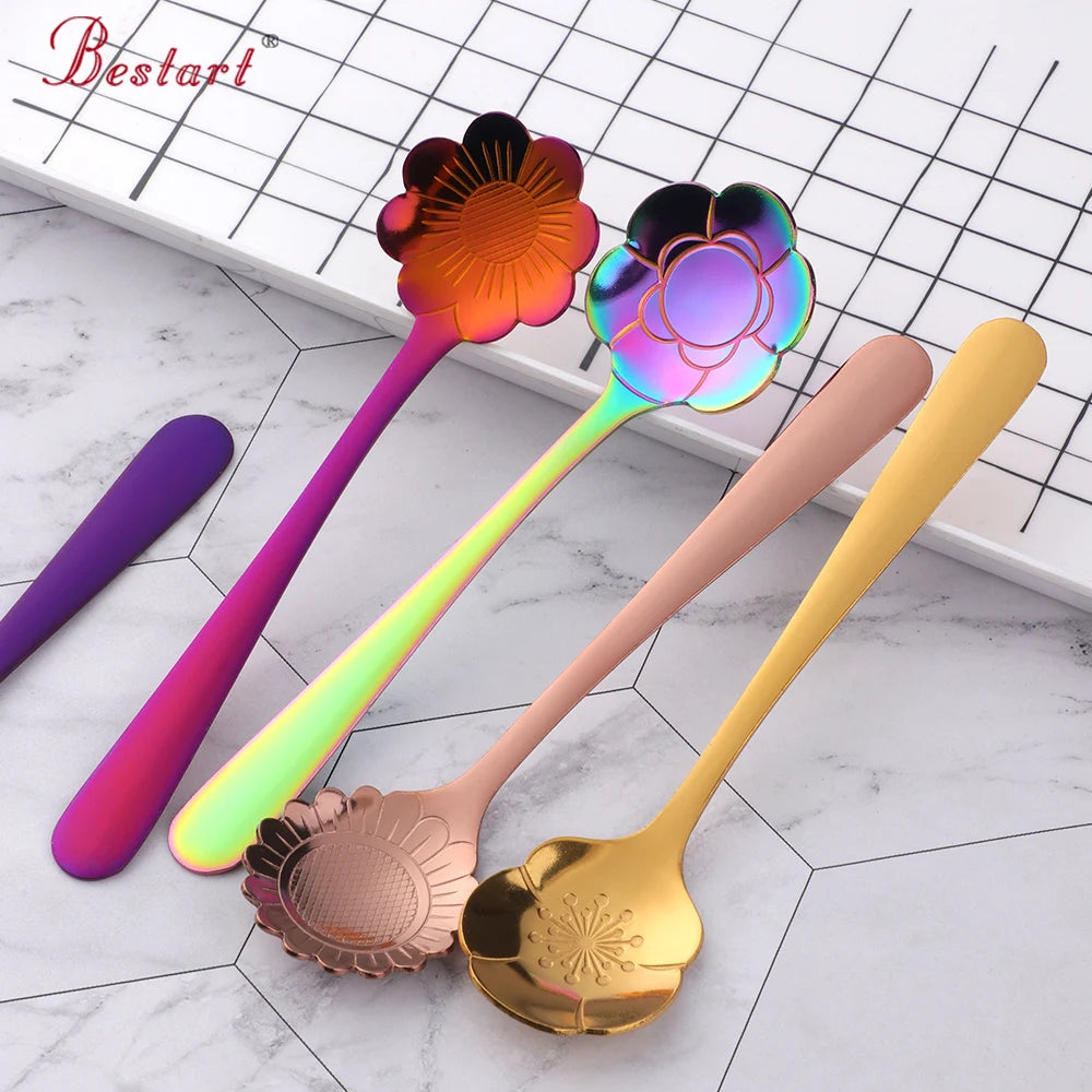 Buyer Star wholesale bulk Mirror throwing flower long spoon gold set stainless flatware coffee spoon