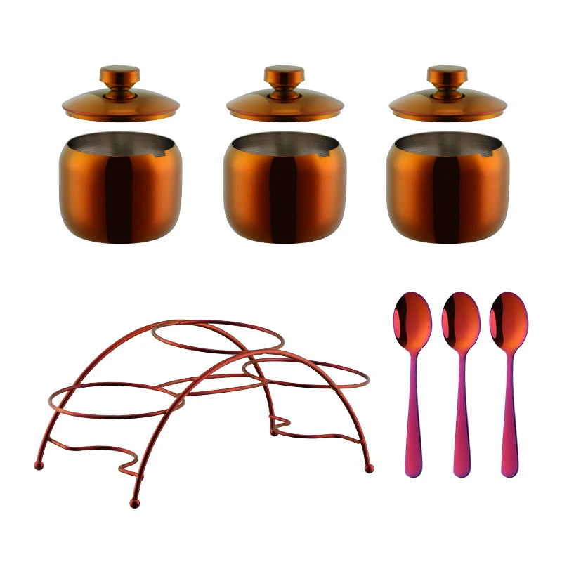 Kitchen Accessories Stainless Steel Cruet Seasonings Condiment Containers Spice Jar Bowl with Cover Spoon
