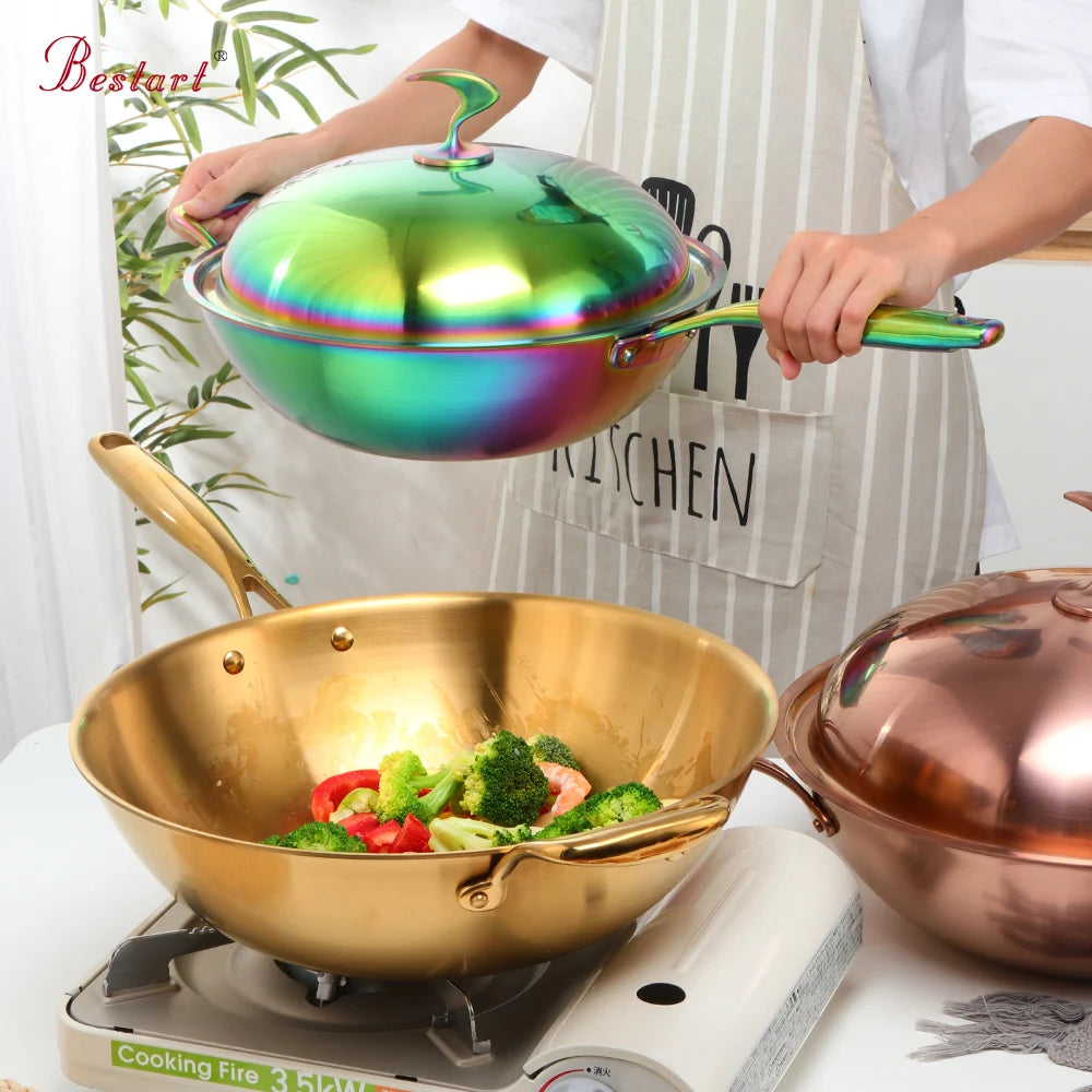 Kitchen Cookware Stir Fry Cooking Wok with Lid 3 Layer Non-stick Stainless Steel Compound Wok