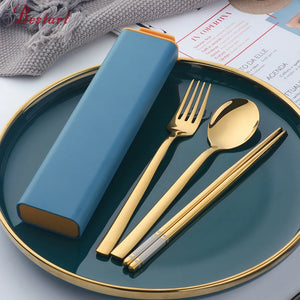 Wholesale Latest Design Cutlery Picnic Portable Camping Spoon Chopsticks Set  Modern Gold Stainless Steel Flatware Set with Box