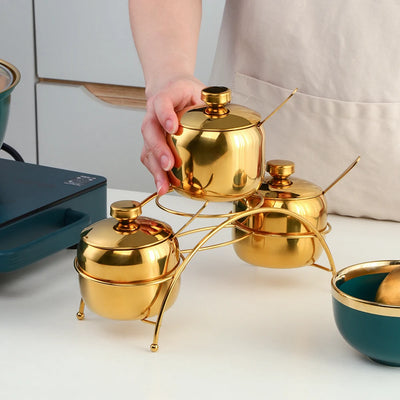 Kitchen Accessories Stainless Steel Cruet Seasonings Condiment Containers Spice Jar Bowl with Cover Spoon