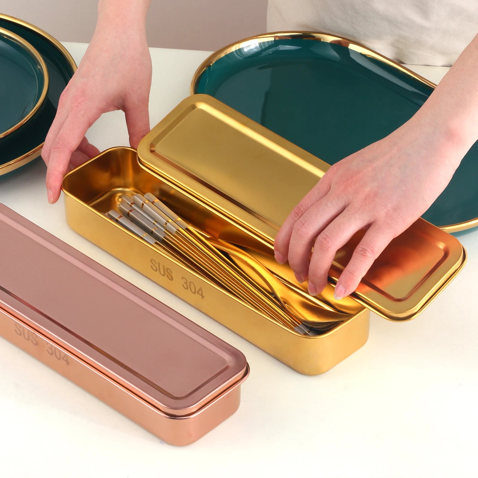 SS 304 Gold Plated Stainless Steel Flatware Chopsticks Spoon Box