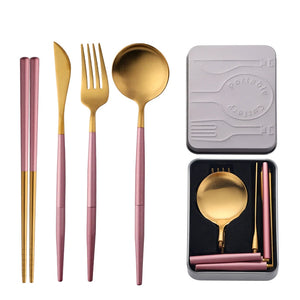 High Quality Metal Flatware Set Golden Plated Knife Spoon and Fork Travel Cutlery Set for Camping