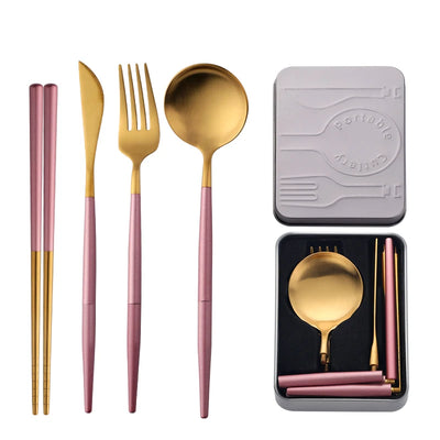High Quality Metal Flatware Set Golden Plated Knife Spoon and Fork Travel Cutlery Set for Camping