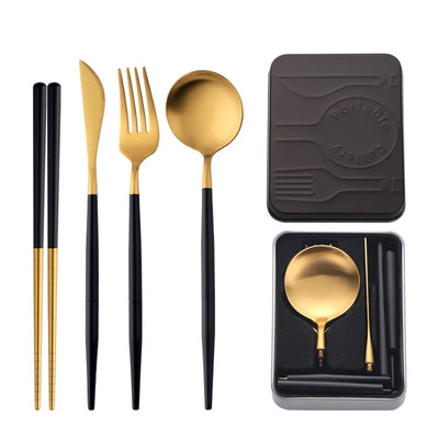 High Quality Metal Flatware Set Golden Plated Knife Spoon and Fork Travel Cutlery Set for Camping