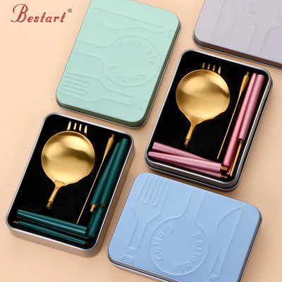 High Quality Metal Flatware Set Golden Plated Knife Spoon and Fork Travel Cutlery Set for Camping
