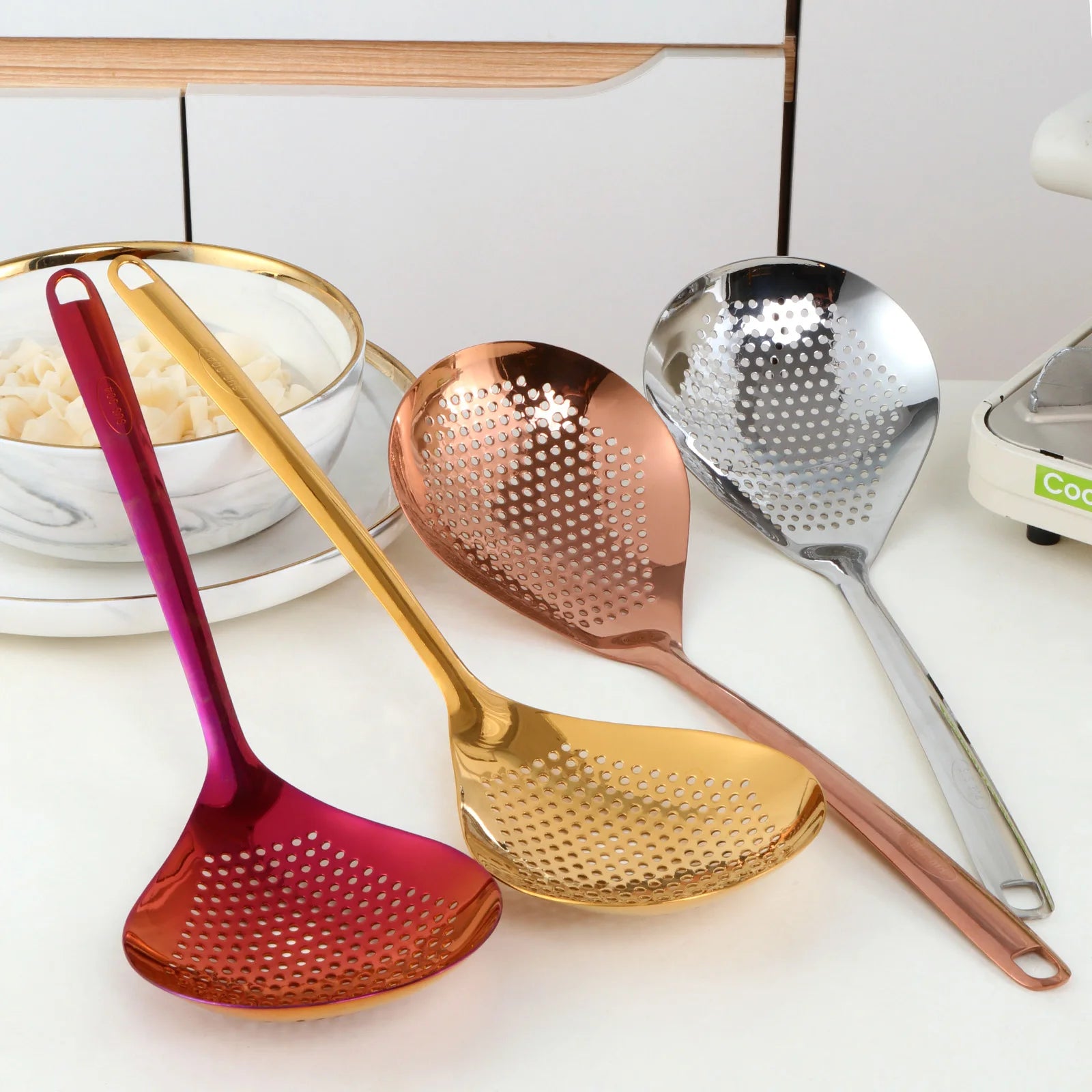 Kitchen Strainer Long Handle Colander Spoon Set Hot Pot Sieve 304 Stainless Steel Colander