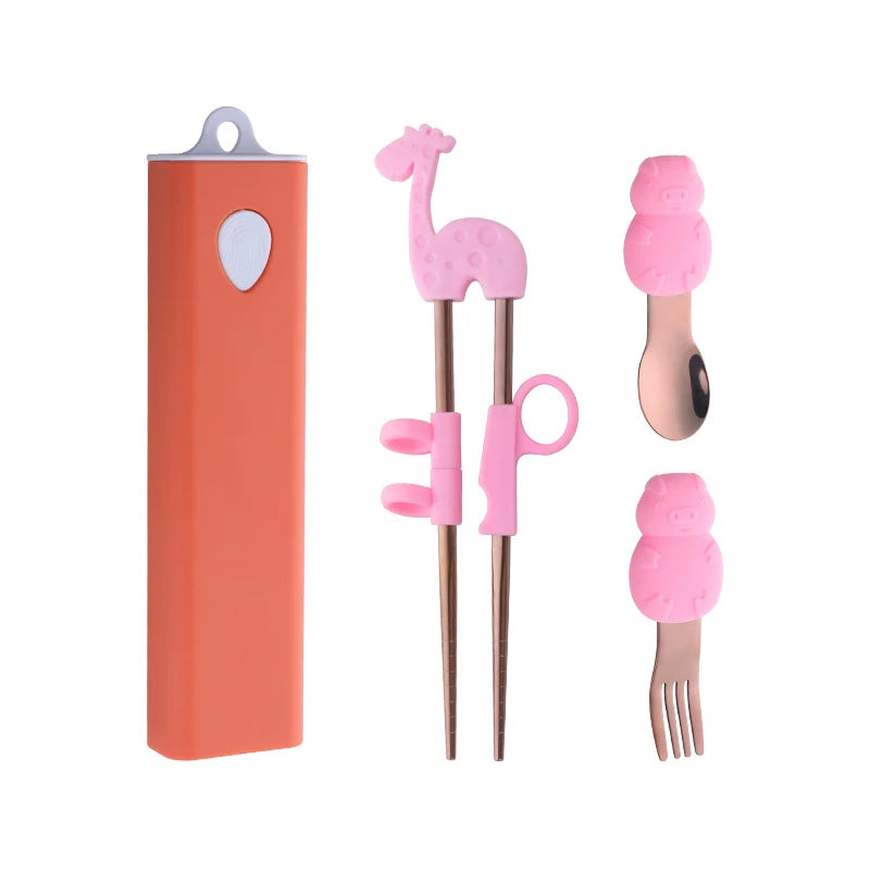 Buyer Star Children Silicone Portable Chopsticks Spoon Fork Flatware Set Travel Portable Stainless Steel Cutlery Set