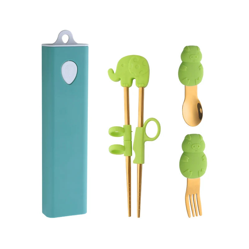 Buyer Star Children Silicone Portable Chopsticks Spoon Fork Flatware Set Travel Portable Stainless Steel Cutlery Set