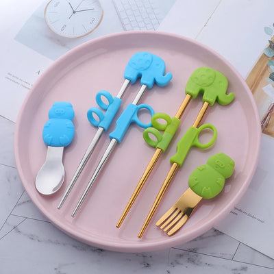 Buyer Star Children Silicone Portable Chopsticks Spoon Fork Flatware Set Travel Portable Stainless Steel Cutlery Set