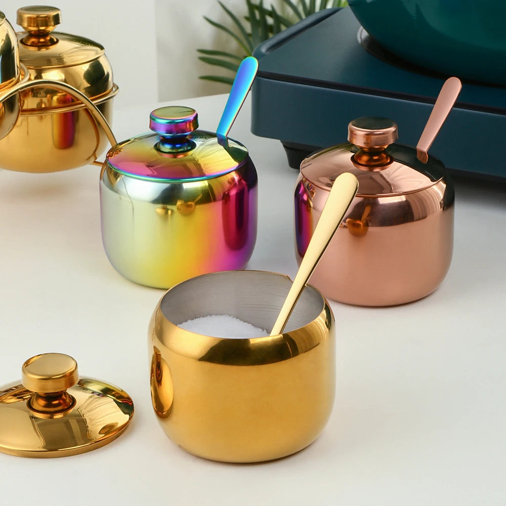 Kitchen Accessories Stainless Steel Cruet Seasonings Condiment Containers Spice Jar Bowl with Cover Spoon