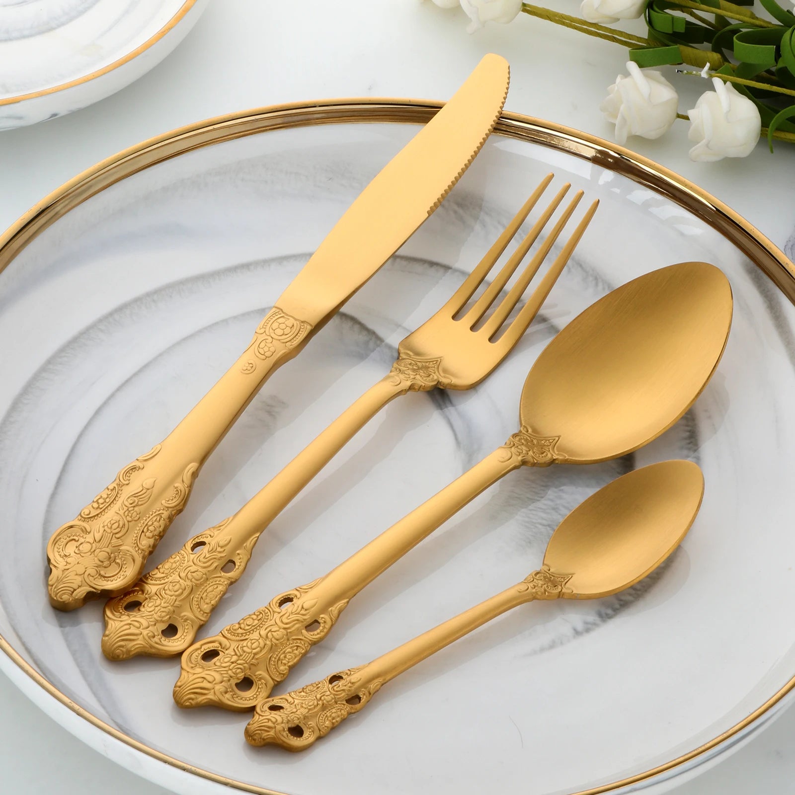 Eco Friendly Royal Vintage Flatware Gold Plated Silverware Stainless Steel Luxury Cutlery Set