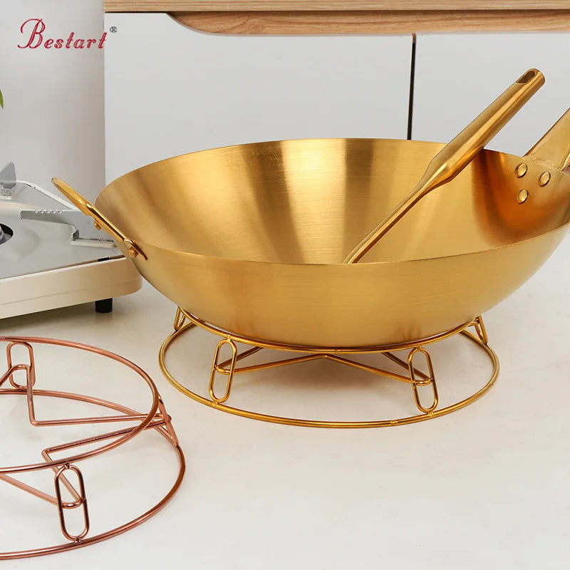 Chinese Food Grade 34cm Domestic Non-stick Double Ear One Handle Round Bottom Cooking Wok Stainless Steel Pot Holder