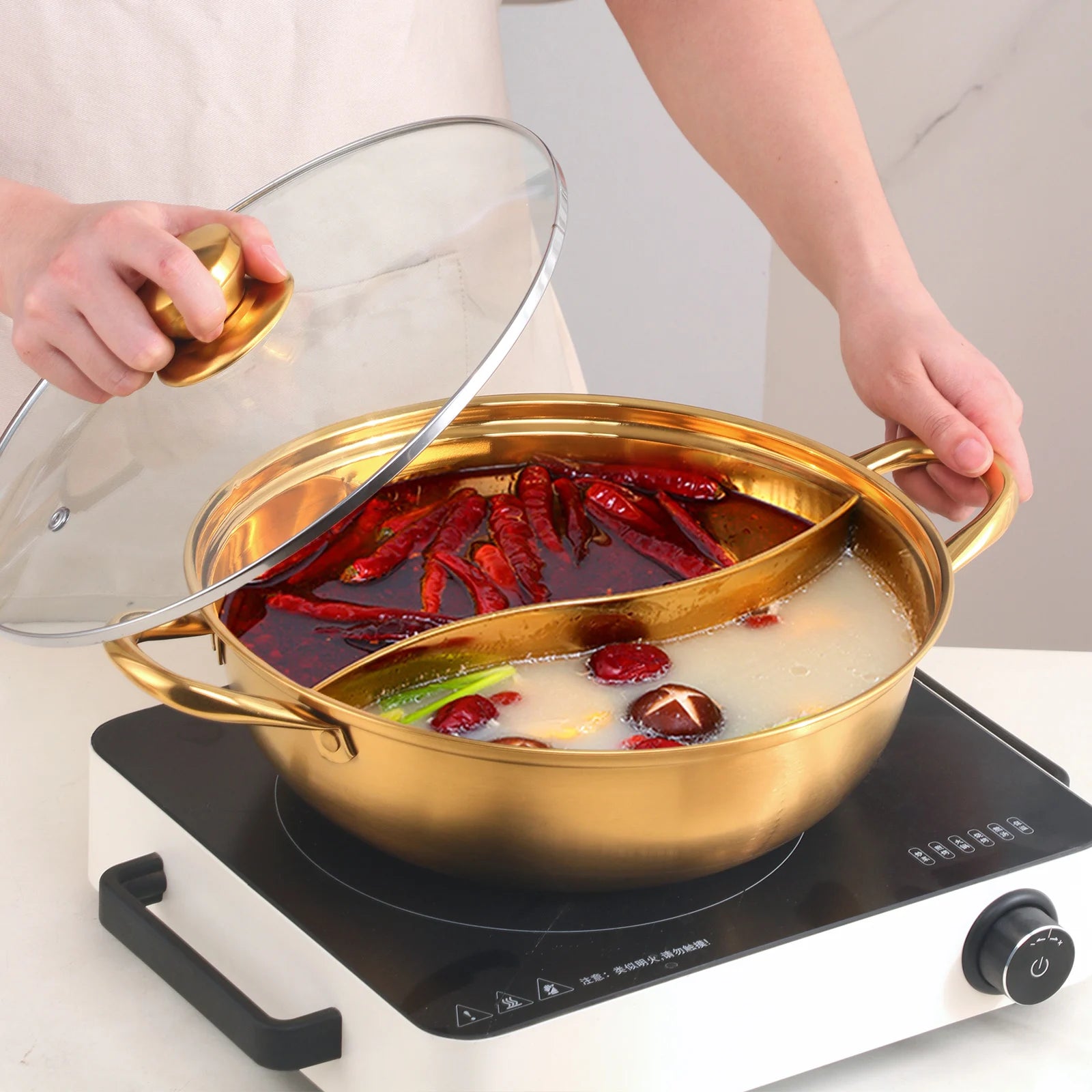304 Food Grade Stainless Steel Shabu Shabu Hot pot with Divider&Lid for Induction Cooktop Gas Stove Dual Sided Soup Cookware