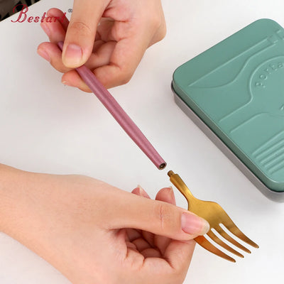 High Quality Metal Flatware Set Golden Plated Knife Spoon and Fork Travel Cutlery Set for Camping