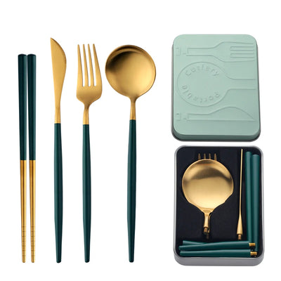 High Quality Metal Flatware Set Golden Plated Knife Spoon and Fork Travel Cutlery Set for Camping