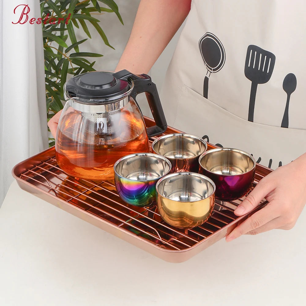 Chinese Kung Fu Luxury Stainless Steel Tea Cup Set With Tray Sieve