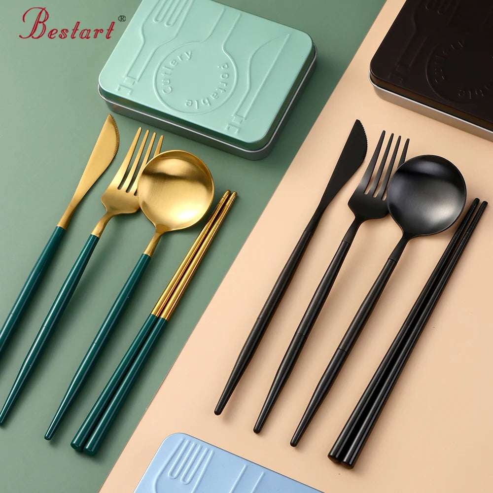 High Quality Metal Flatware Set Golden Plated Knife Spoon and Fork Travel Cutlery Set for Camping