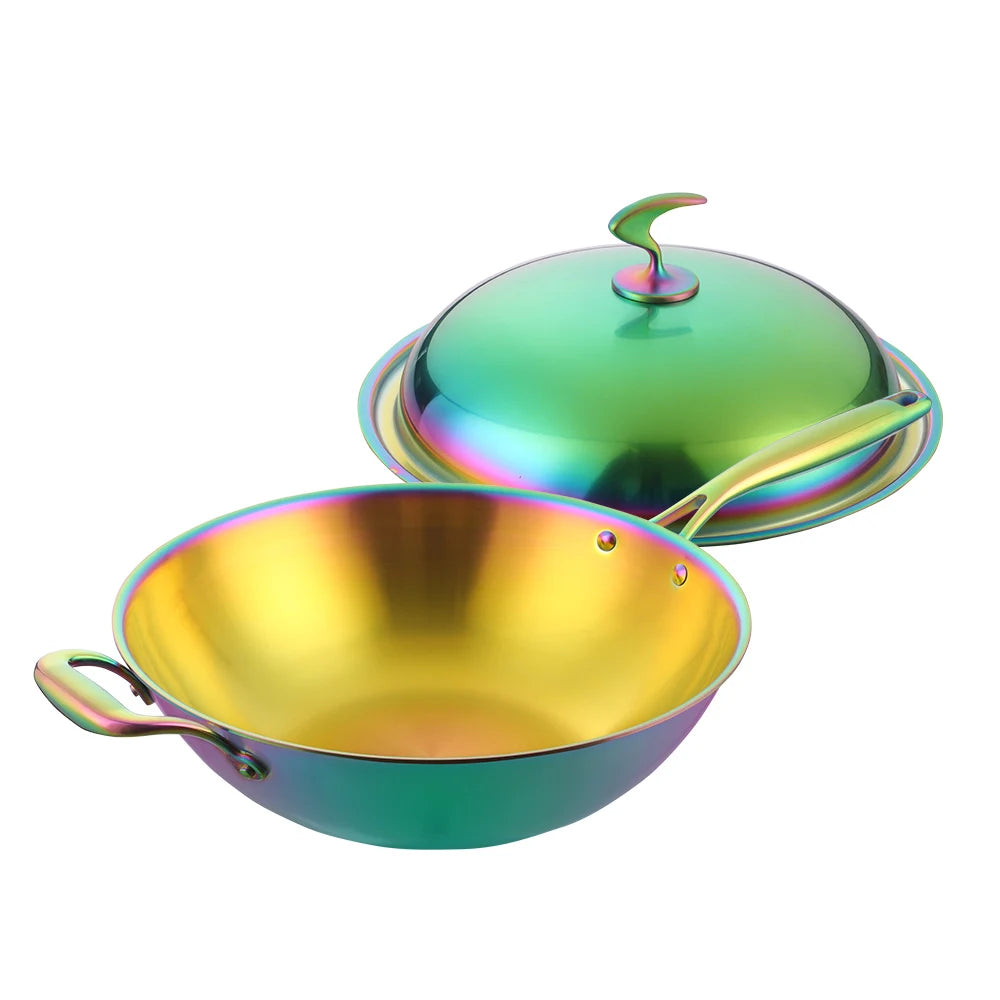 Kitchen Cookware Stir Fry Cooking Wok with Lid 3 Layer Non-stick Stainless Steel Compound Wok
