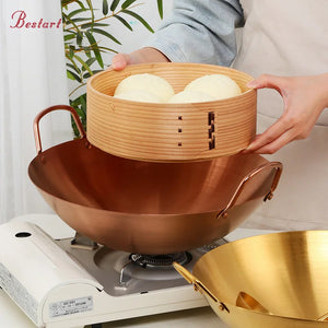 Chinese Food Grade 34cm Domestic Non-stick Double Ear One Handle Round Bottom Cooking Wok Stainless Steel Pot Holder